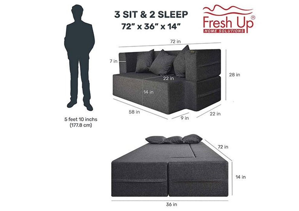 FRESH UP COMFORTZILA Three Seater Dark Grey Sofa Cum Bed-Jute Fabric