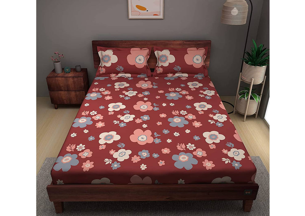Sleepyhead Bloom - 180TC 100% Cotton Bedsheet with 2 Pillow Covers, Maroon