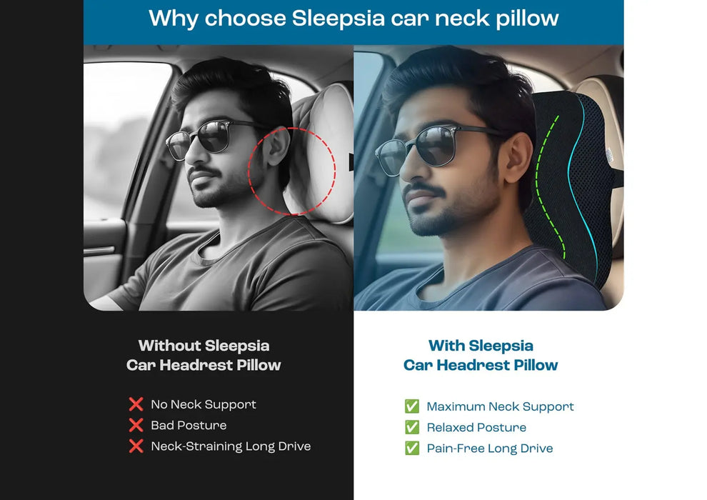 Sleepsia Memory Foam Car Neck Pillow - Ultrasoft Long Drives Travel Car Seat Headrest Cushion (Black)