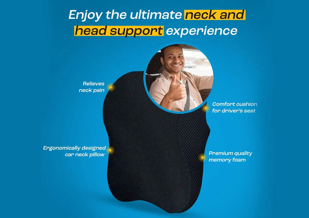 Sleepsia Memory Foam Car Neck Pillow - Ultrasoft Long Drives Travel Car Seat Headrest Cushion (Black) Pack of 2