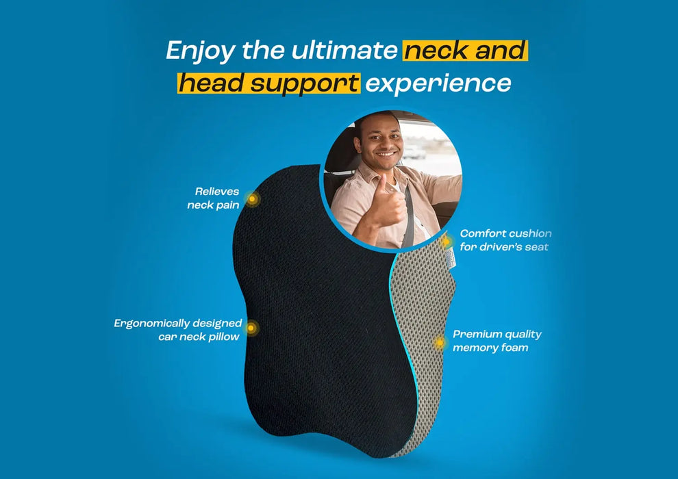 Sleepsia Memory Foam Car Neck Pillow - Ultrasoft Long Drives Travel Car Seat Headrest Cushion (Black/Grey)