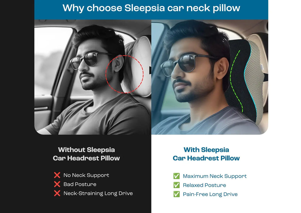 Sleepsia Memory Foam Car Neck Pillow - Ultrasoft Long Drives Travel Car Seat Headrest Cushion (Black/Grey)