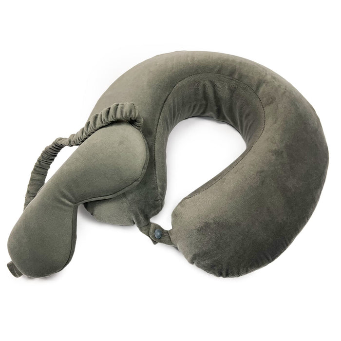 Sleepsia Travel Neck Pillow with Grey Velvet Memory Foam Eye Mask, Adjustable Pillow for Neck with Ultra Soft Eye Shade, for Long Road Trip, Flights (Travel Combo)