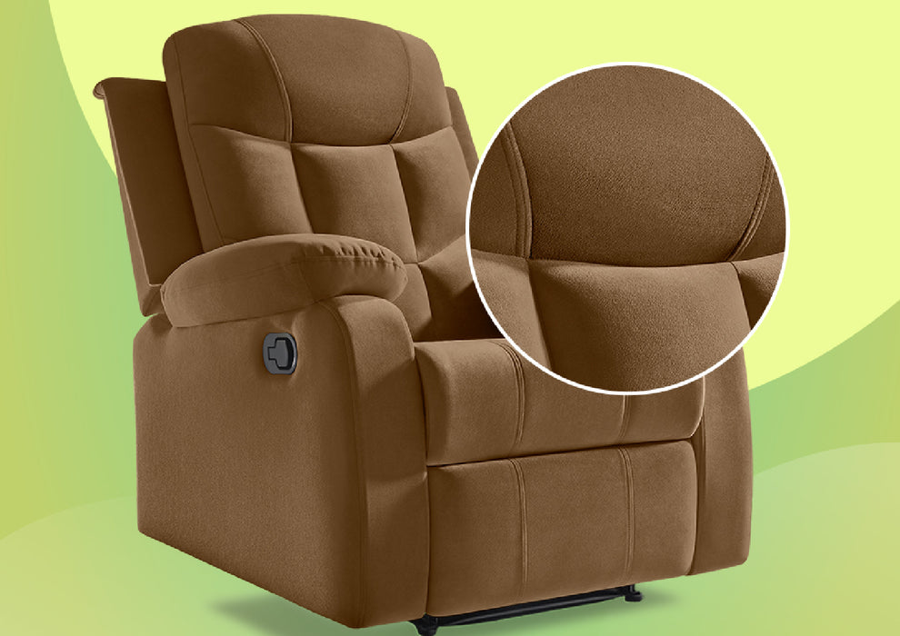 Sleepyhead RX5 Ultra - Single Seater Velvet Fabric Manual Recliner with 3-Position Comfort | Zig Zag Spring Suspension & Solid Wood Frame | Ergonomic High-Back Lumbar Support (Brush Brown)