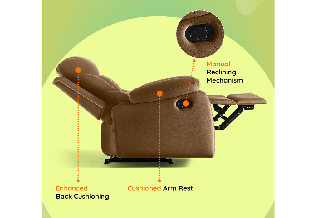 Sleepyhead RX5 Ultra - Single Seater Velvet Fabric Manual Recliner with 3-Position Comfort | Zig Zag Spring Suspension & Solid Wood Frame | Ergonomic High-Back Lumbar Support (Brush Brown)