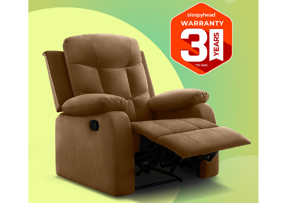 Sleepyhead RX5 Ultra - Single Seater Velvet Fabric Manual Recliner with 3-Position Comfort | Zig Zag Spring Suspension & Solid Wood Frame | Ergonomic High-Back Lumbar Support (Brush Brown)