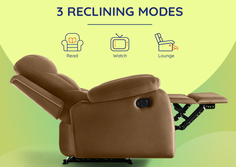 Sleepyhead RX5 Ultra - Single Seater Velvet Fabric Manual Recliner with 3-Position Comfort | Zig Zag Spring Suspension & Solid Wood Frame | Ergonomic High-Back Lumbar Support (Brush Brown)
