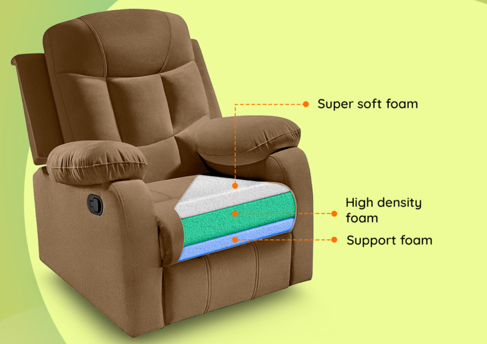 Sleepyhead RX5 Ultra - Single Seater Velvet Fabric Manual Recliner with 3-Position Comfort | Zig Zag Spring Suspension & Solid Wood Frame | Ergonomic High-Back Lumbar Support (Brush Brown)