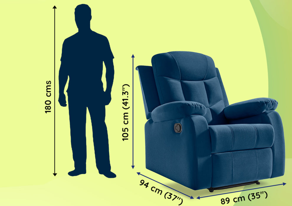 Sleepyhead RX5 Ultra - Single Seater Velvet Fabric Manual Recliner with 3-Position Comfort | Zig Zag Spring Suspension & Solid Wood Frame | Ergonomic High-Back Lumbar Support (Classic Blue)