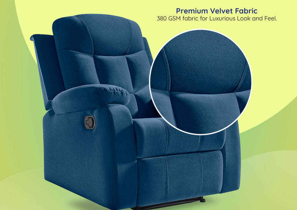 Sleepyhead RX5 Ultra - Single Seater Velvet Fabric Manual Recliner with 3-Position Comfort | Zig Zag Spring Suspension & Solid Wood Frame | Ergonomic High-Back Lumbar Support (Classic Blue)