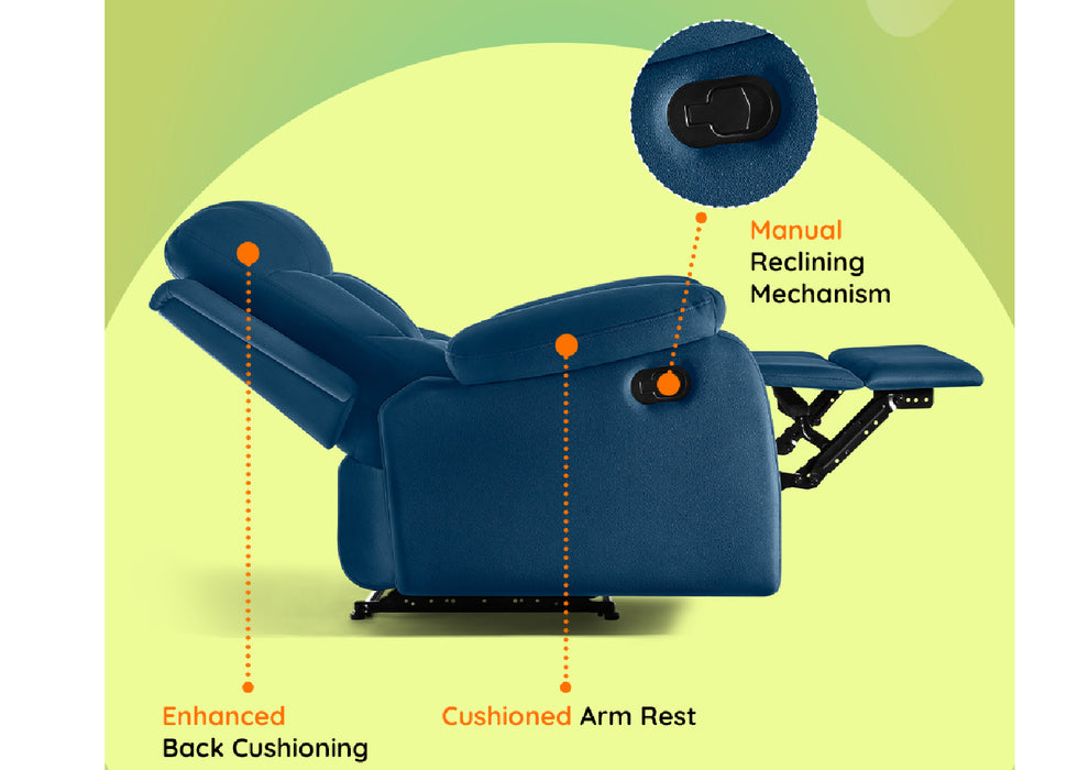 Sleepyhead RX5 Ultra - Single Seater Velvet Fabric Manual Recliner with 3-Position Comfort | Zig Zag Spring Suspension & Solid Wood Frame | Ergonomic High-Back Lumbar Support (Classic Blue)