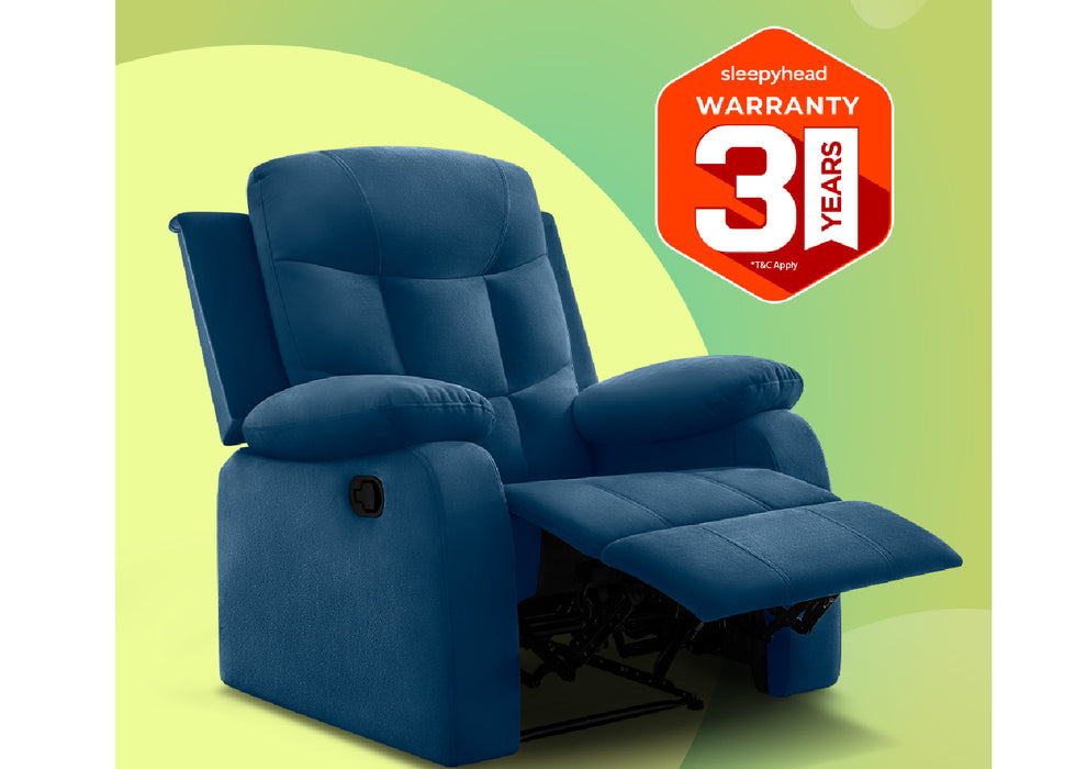 Sleepyhead RX5 Ultra - Single Seater Velvet Fabric Manual Recliner with 3-Position Comfort | Zig Zag Spring Suspension & Solid Wood Frame | Ergonomic High-Back Lumbar Support (Classic Blue)