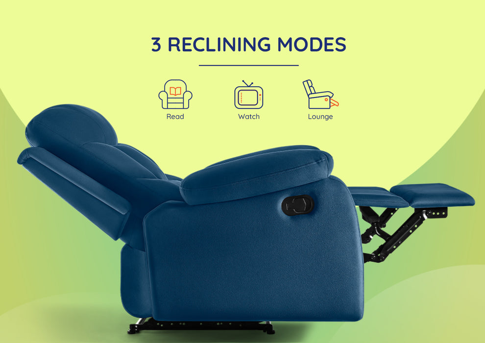 Sleepyhead RX5 Ultra - Single Seater Velvet Fabric Manual Recliner with 3-Position Comfort | Zig Zag Spring Suspension & Solid Wood Frame | Ergonomic High-Back Lumbar Support (Classic Blue)