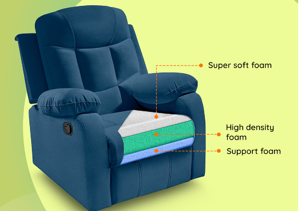 Sleepyhead RX5 Ultra - Single Seater Velvet Fabric Manual Recliner with 3-Position Comfort | Zig Zag Spring Suspension & Solid Wood Frame | Ergonomic High-Back Lumbar Support (Classic Blue)