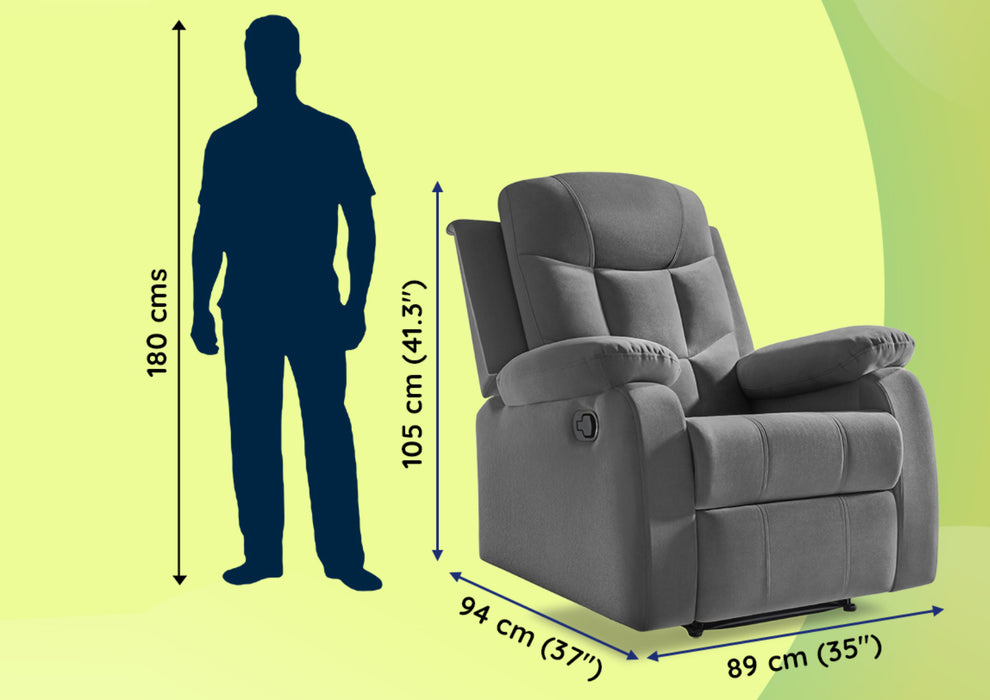 Sleepyhead RX5 Ultra - Single Seater Velvet Fabric Manual Recliner with 3-Position Comfort | Zig Zag Spring Suspension & Solid Wood Frame | Ergonomic High-Back Lumbar Support (Monument Grey)