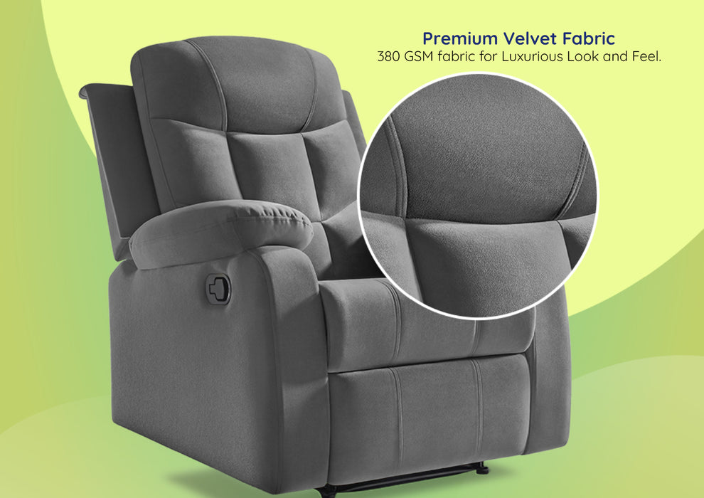 Sleepyhead RX5 Ultra - Single Seater Velvet Fabric Manual Recliner with 3-Position Comfort | Zig Zag Spring Suspension & Solid Wood Frame | Ergonomic High-Back Lumbar Support (Monument Grey)