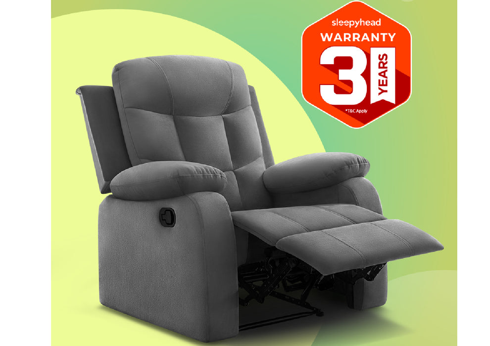 Sleepyhead RX5 Ultra - Single Seater Velvet Fabric Manual Recliner with 3-Position Comfort | Zig Zag Spring Suspension & Solid Wood Frame | Ergonomic High-Back Lumbar Support (Monument Grey)