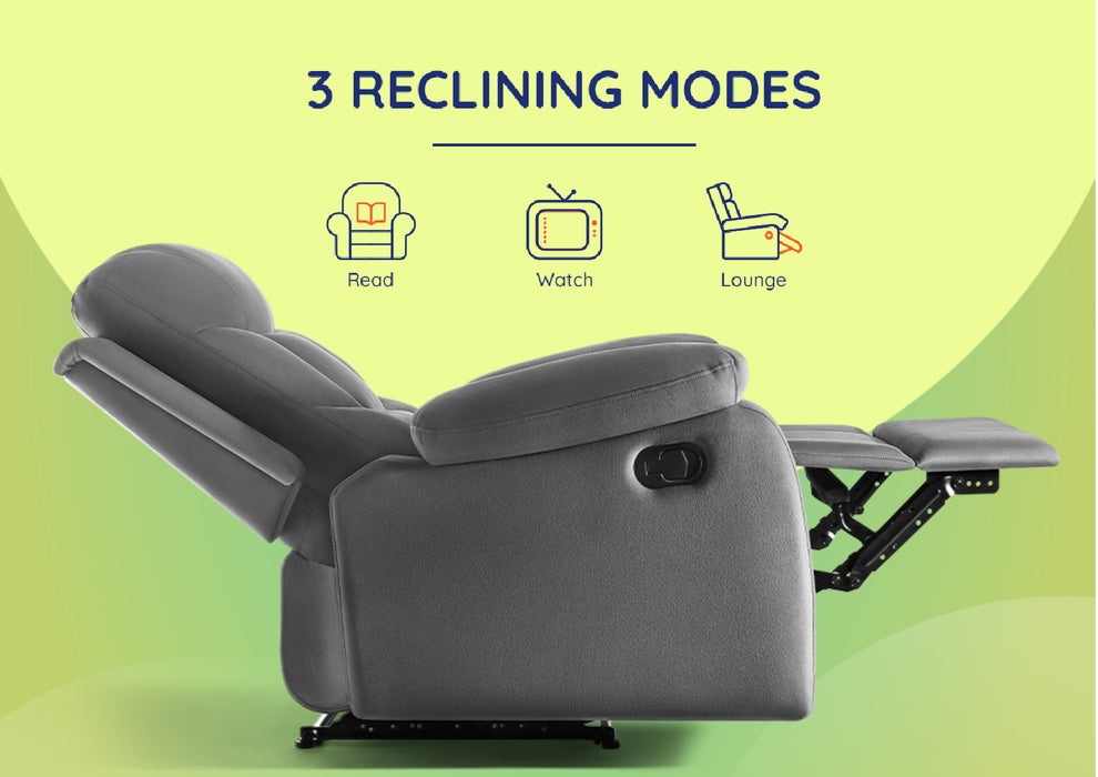 Sleepyhead RX5 Ultra - Single Seater Velvet Fabric Manual Recliner with 3-Position Comfort | Zig Zag Spring Suspension & Solid Wood Frame | Ergonomic High-Back Lumbar Support (Monument Grey)