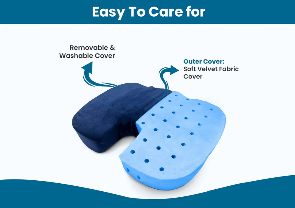 Sleepsia Orthopedic Gel Ventilated U Shaped Coccyx Tailbone & Hip Pain Refief - Cooling Gel High Density For Pain Relief, Seat Cushion, Car Seat, Office Chair (Blue Velvet)