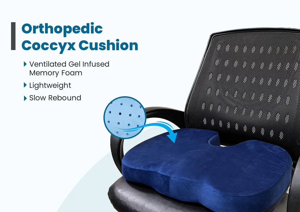 Sleepsia Orthopedic Gel Ventilated U Shaped Coccyx Tailbone & Hip Pain Refief - Cooling Gel High Density For Pain Relief, Seat Cushion, Car Seat, Office Chair (Blue Velvet)