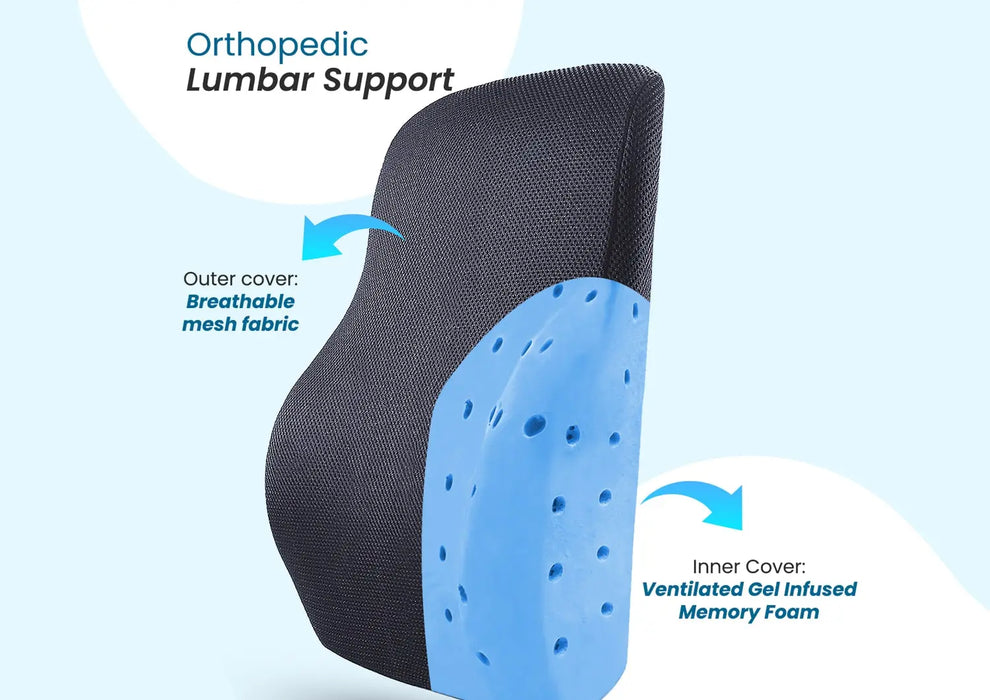 Sleepsia Memory Foam Ventilated Cooling Gel Lumbar Support, Back Cushion For Office Chair, Improve Back Posture, Back Pain Relief Cushion (Black)