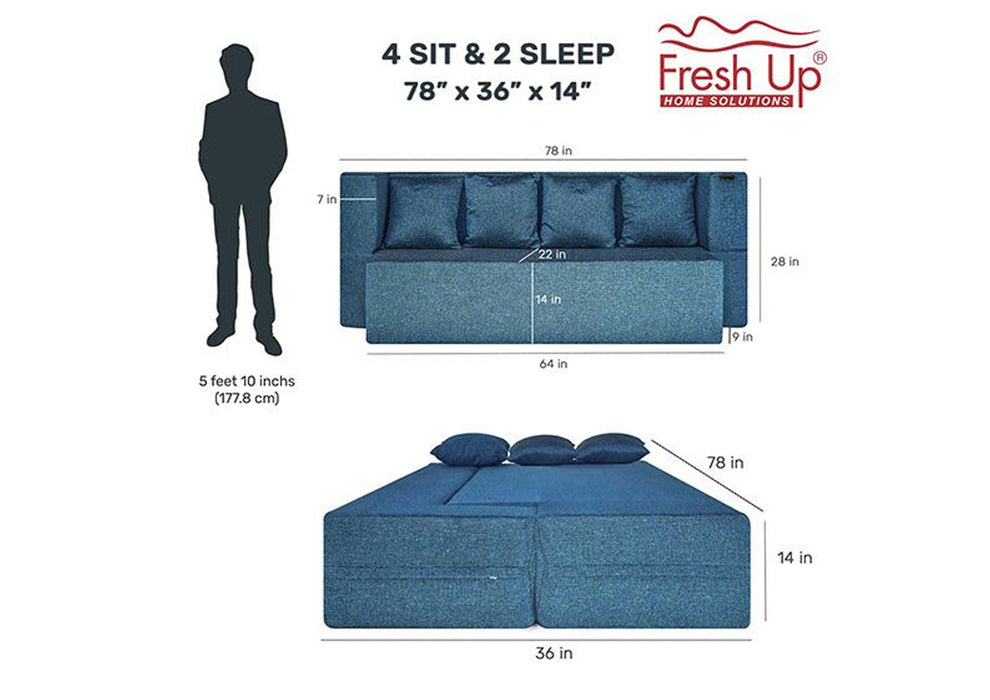 FRESH UP COMFORTZILA Four Seater Aqua Blue Sofa Cum Bed-Jute Fabric