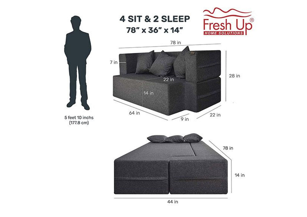 FRESH UP COMFORTZILA Four Seater Dark Grey Sofa Cum Bed-Jute Fabric