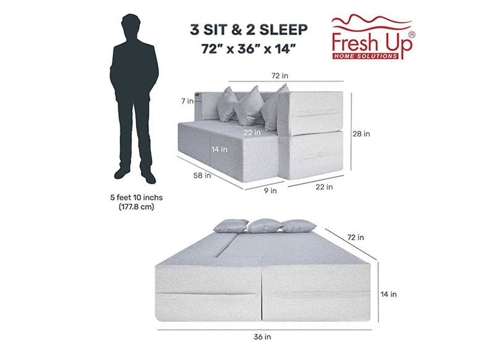 FRESH UP COMFORTZILA Three Seater Light Grey Sofa Cum Bed-Jute Fabric