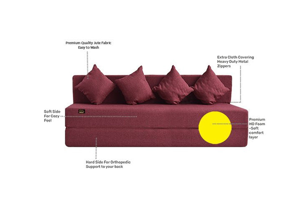FRESH UP - Four Seater Jute - Maroon Sofa Cum Bed - Without Arm