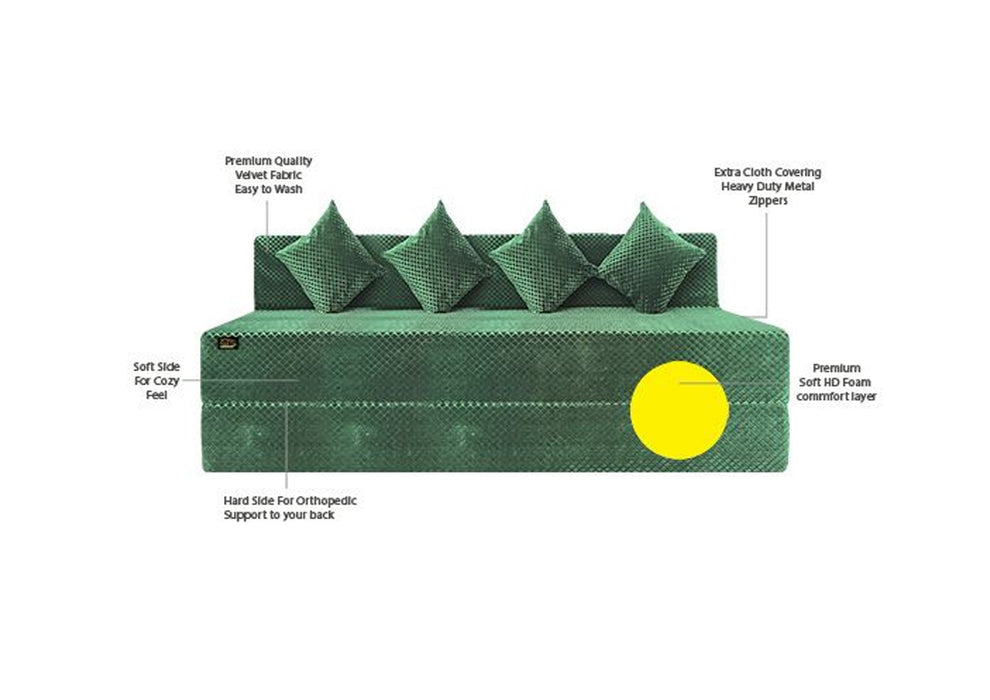 FRESH UP - Four Seater Velvet - Green Sofa Cum Bed - Without Arm