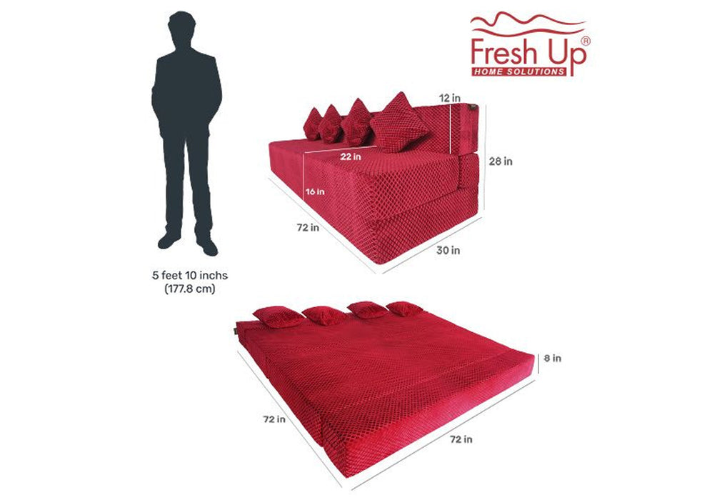FRESH UP - Four Seater Velvet - Maroon Sofa Cum Bed - Without Arm