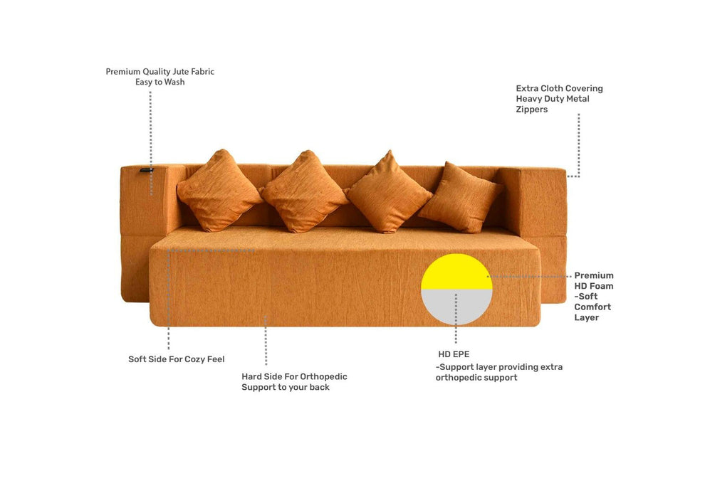FRESH UP SIESTA Three Seater Orange Sofa Cum Bed-Molphino Fabric