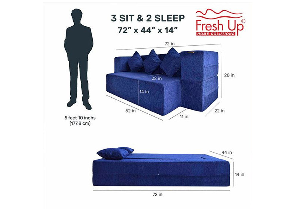FRESH UP SIESTA Three Seater Blue Sofa Cum Bed-Molphino Fabric
