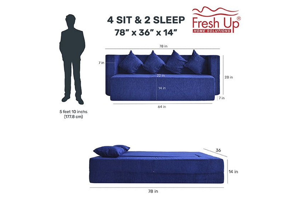 FRESH UP SIESTA Four Seater Blue Sofa Cum Bed-Molphino Fabric