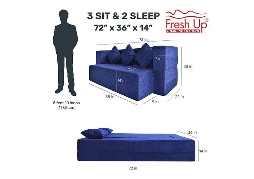 FRESH UP SIESTA Three Seater Blue Sofa Cum Bed-Molphino Fabric