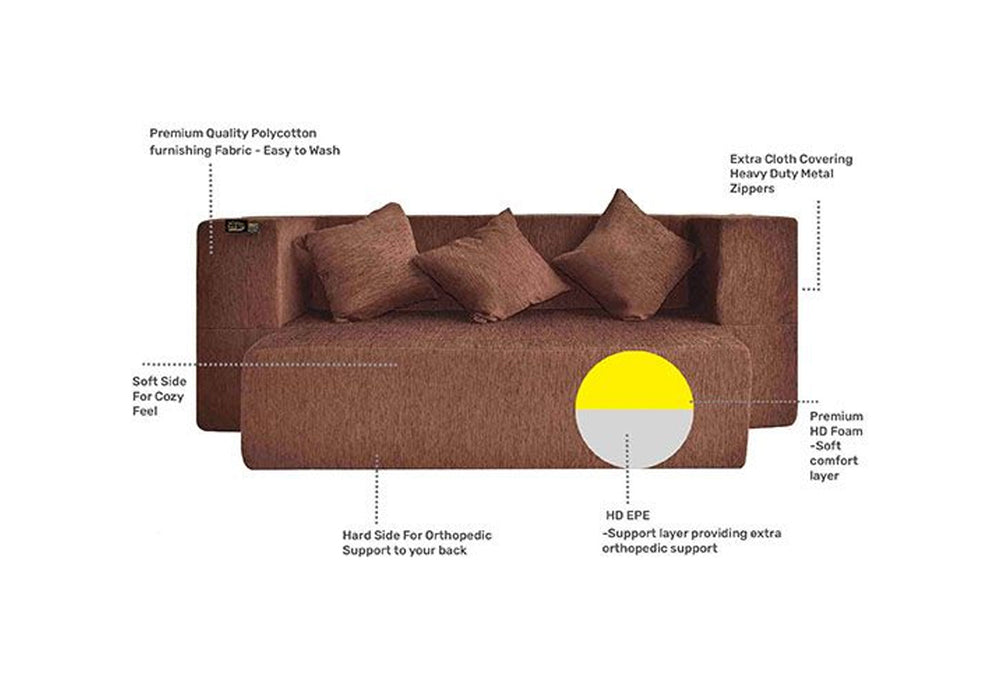 FRESH UP SIESTA Three Seater Brown Sofa Cum Bed-Molphino Fabric