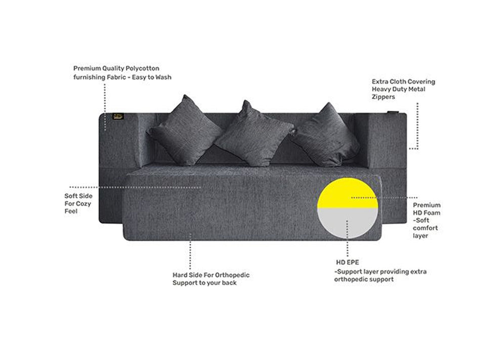 FRESH UP SIESTA Three Seater Grey Sofa Cum Bed-Molphino Fabric