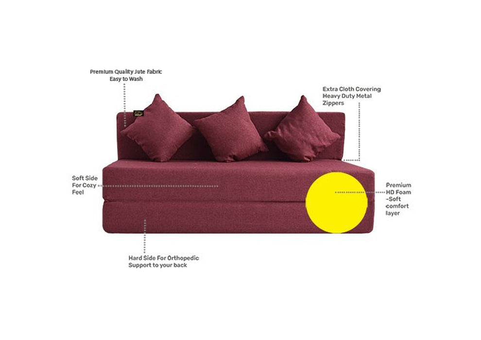 FRESH UP - Three Seater Jute - Maroon Sofa Cum Bed - Without Arm