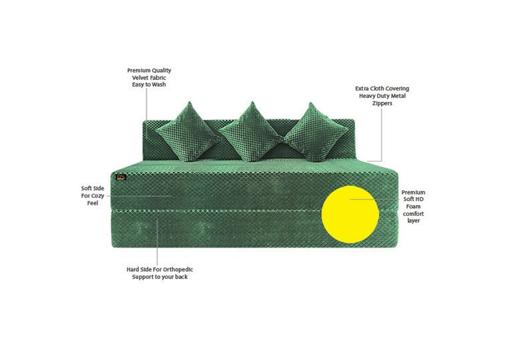 FRESH UP - Three Seater Velvet - Green Sofa Cum Bed - Without Arm