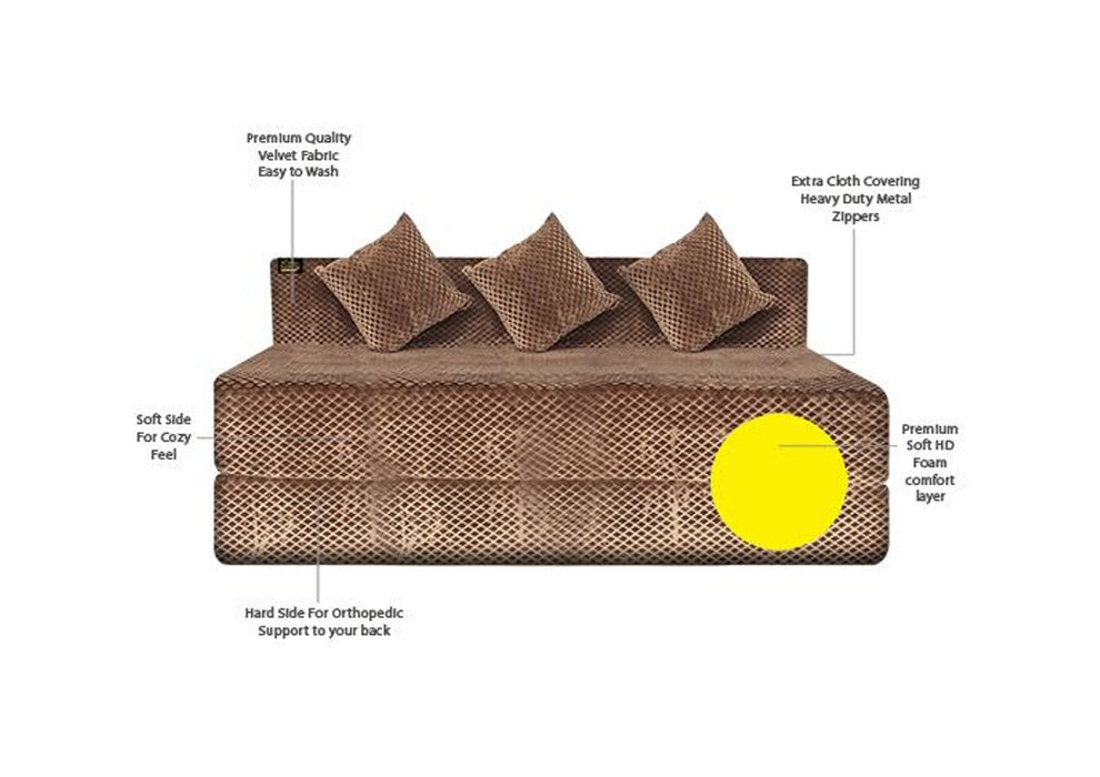FRESH UP - Three Seater Velvet - Light Brown Sofa Cum Bed - Without Arm