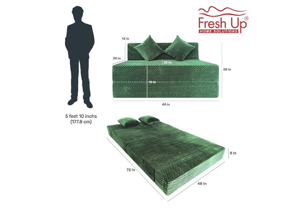 FRESH UP - Two Seater Velvet - Green Sofa Cum Bed - Without Arm