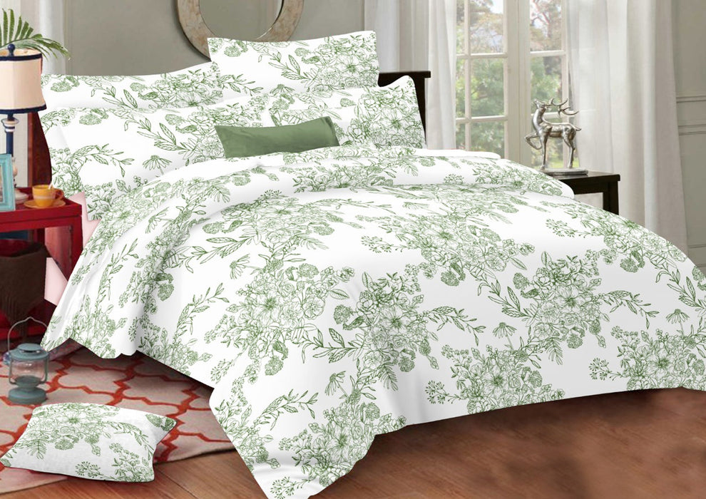 PRATICA HI-BOND - White Green Floral Queen Size Printed Bedsheet